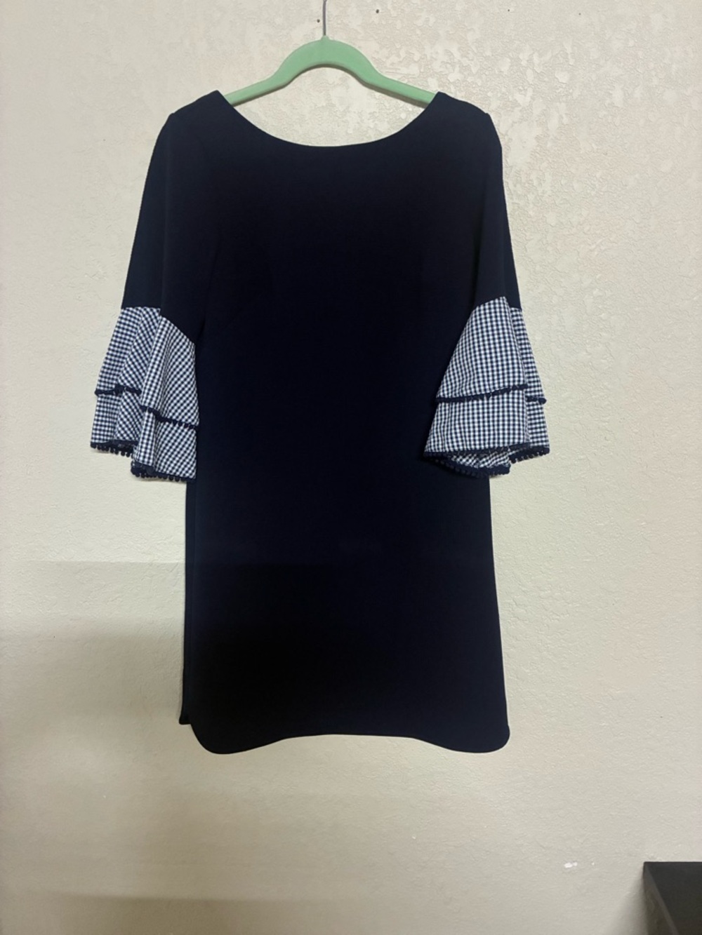 Navy Shift Dress with Gingham Ruffle Sleeves
